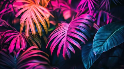 Vibrant Tropical Leaves with Colorful Neon Lighting in Dark Background