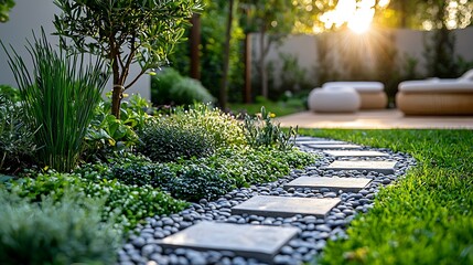 Serene garden image featuring a stone pathway leading through lush greenery and sunshine flare