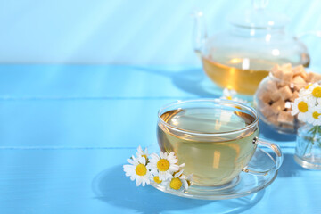 Delicious chamomile tea in glass cup, fresh flowers and brown sugar on light blue wooden table, closeup. Space for text
