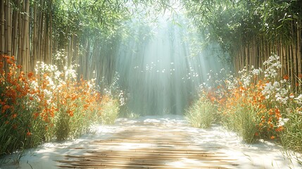 Serene garden pathway bathed in sunlight featuring bamboo flowers grass and an idyllic visual image