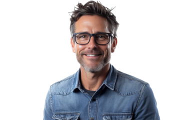 Portrait of a smiling man wearing glasses and denim shirt against a plain background, showcasing personality and confidence in a casual setting
