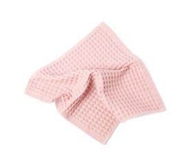 Clean pink waffle towel isolated on white, top view