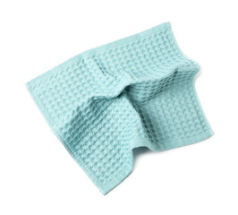 Clean light blue waffle towel isolated on white, top view