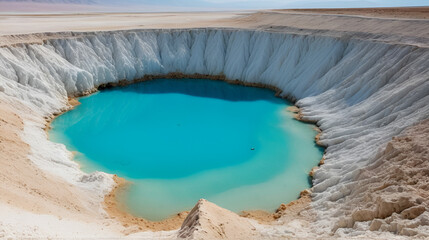 Turquoise sinkhole at dead sea coastline freshwater intrusion and salt dissolution effects.