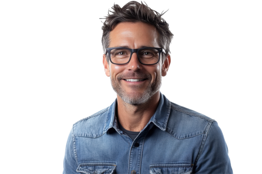 Portrait of a smiling man wearing glasses and denim shirt against a plain background, showcasing personality and confidence in a casual setting