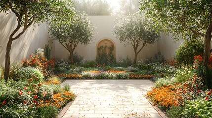 Serene image showcasing a beautifully designed and meticulously planted garden with colorful flowers and trees.
