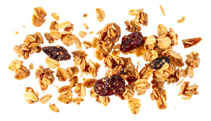 Granola chunks and cranberries falling on transparent background