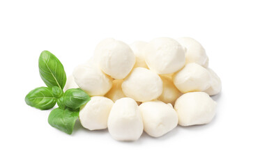 Tasty mozzarella cheese balls and basil isolated on white