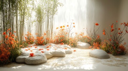 Serene zen garden composition depicting a beautiful arrangement with orange flowers and bamboo image