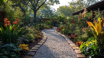 Serene pathway winding through a lush garden with abundant greenery and vibrant floral displays