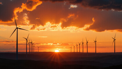 Obraz premium Wind turbines silhouetted against sunset sky with dramatic clouds 