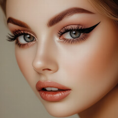 Obraz premium Elegant Beauty: A captivating portrait of a woman showcasing flawless skin and captivating makeup. Her striking features, accentuated by skillful cosmetic artistry.
