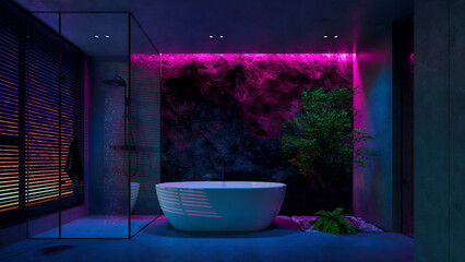 Modern Bathroom with colored led Lighting and Plants