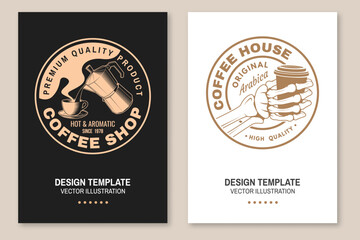 Set of Restaurant and Coffee shop flyer, poster, banner design. Vector. Concept for cafe and restaurant logo, brand, label with human skeleton hand holding coffee cup, cup coffee maker. International