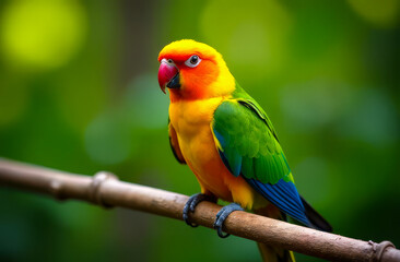 Obraz premium Green parrot on a branch close-up. Lovebird parrot in the wild.