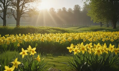 Sunlit daffodils burst forth in vibrant yellow against a lush green field , sunny day, landscape, garden