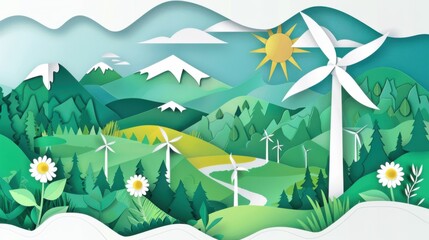 Fototapeta premium Paper Art Depicting Renewable Energy in a Green Landscape