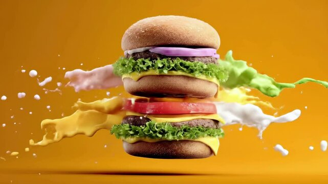 double cheeseburger with beef patties, lettuce, tomato, onion on sesame bun against vibrant orange background. Dynamic food with colorful sauce splashes. Juicy hamburger with mayo, mustard