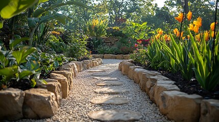 Stone pathway winding through a lush garden with vibrant flowers and greenery creates a beautiful image