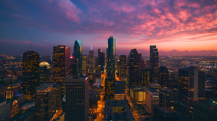 Obraz premium Aerial view of a city skyline at dusk with illuminated buildings and a colorful sky above the city