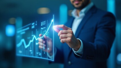 Businessman draw growth graph and progress of business and analyzing financial and investment data ,business planning and strategy on blue background.
