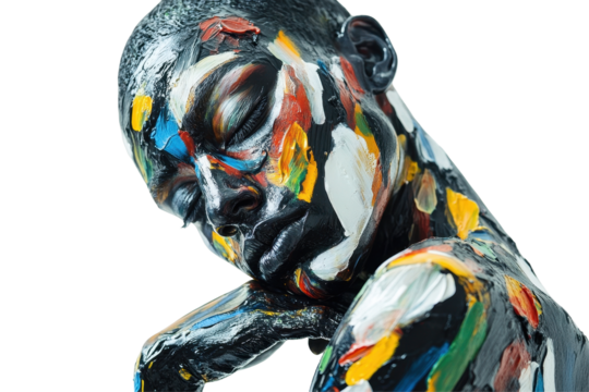 Body art display featuring vibrant colors on a model with an artistic pose against a transparent background