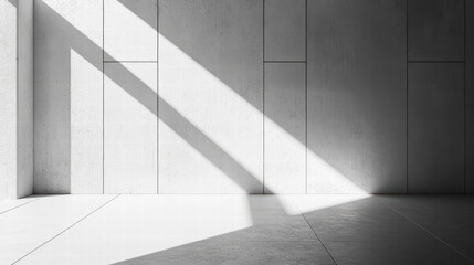 Obraz premium Light and Shadow in Modern Architecture: Sunlight filters through a modern building, casting intricate shadows on concrete wall.