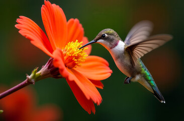 Fototapeta premium Hummingbird drinks nectar from a red flower. Hummingbird close-up. Red flower and bird.