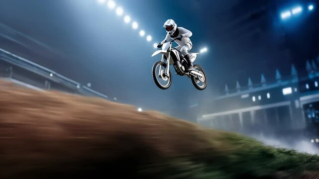 Motocross rider in white gear performs midair jump on dirt bike inside packed stadium arena. Extreme sport competition under bright night lights with fog effect. Professional athlete races on indoor