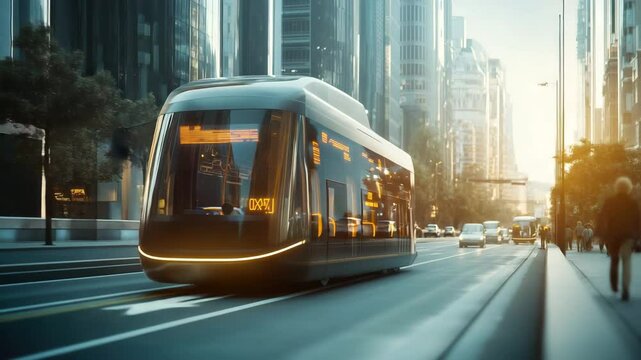 Innovative electric bus design urban transport vehicle showcase nighttime cityscape dynamic perspective sustainable mobility solutions