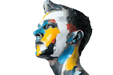 Body art display featuring vibrant colors on a model with an artistic pose against a transparent background