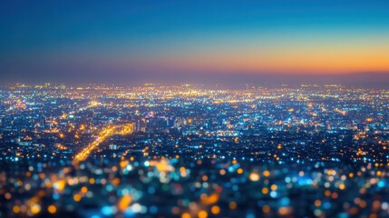 Fototapeta premium Aerial View of Cityscape at Dusk with Colorful Lights and Twilight