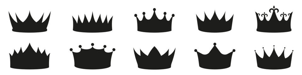 Crown Silhouette Icon Set. Royalty, Leadership, And Authority Symbol Collection. Elegant And Majestic Design Elements. Isolated Vector Illustration