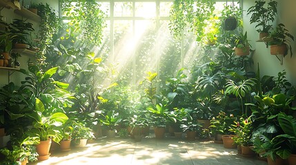 Sunlight streaming through a window illuminating a lush green interior with many potted plants in this image