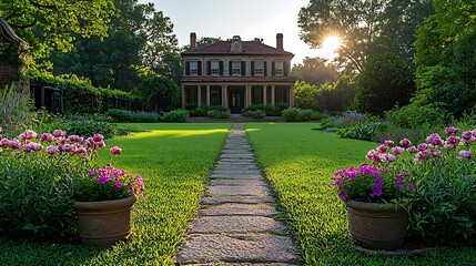 Stunning view of a historic estate with a beautiful landscaped garden image and sunny backdrop.