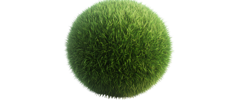  3D rendering of a grassy sphere isolated on a transparent background, in a flat lay, top view. Green planet concept. Stock photo studio shot 