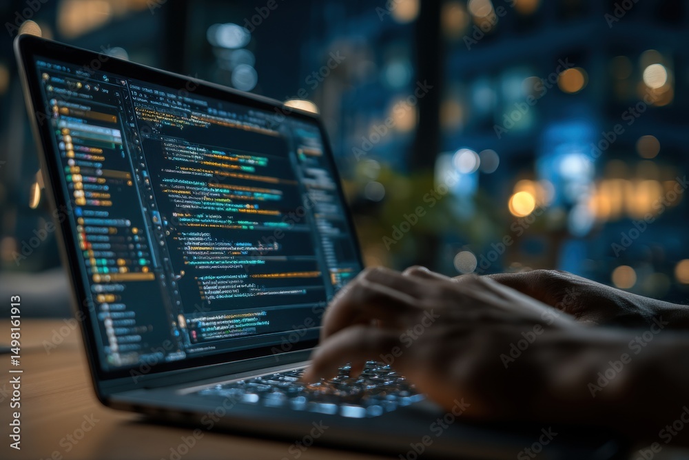 Poster close-up of a programmer coding on a laptop with an abstract city background, highlighting the inter