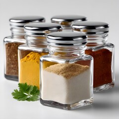Square glass spice jars, various colors, filled with spices, with metal lids