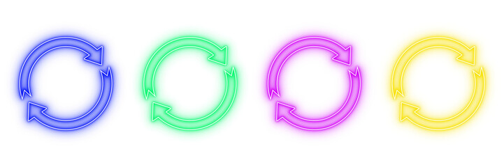 Neon glowing circular loop arrow cycle in blue pink yellow purple on transparent background design