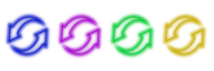 Neon glowing circular loop arrow cycle in blue pink yellow purple on transparent background design