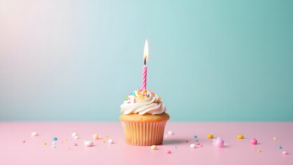 Delightful birthday cupcake adorned , a single lit birthday candle, set against a pastel pink background