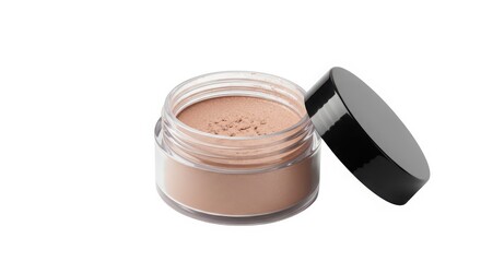 Loose powder in a clear jar with black lid