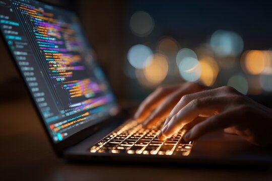 Close-up of hands coding on a laptop in a dark room with city lights blurred, illuminated keyboard highlights developer's hands, creating a technology atmosphere.