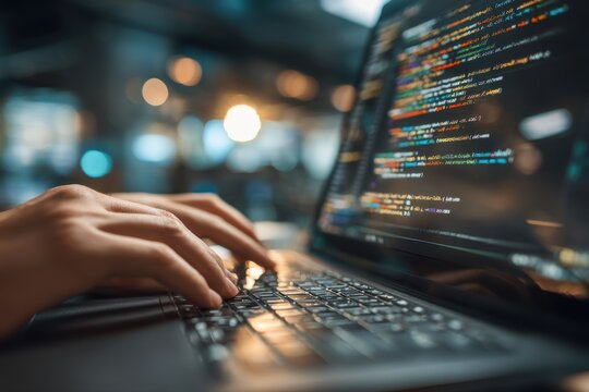 Close-up of a programmer coding on a laptop with code on the screen, and hands typing. Depicts software development and technology in a modern workspace setting. - Powered by Adobe