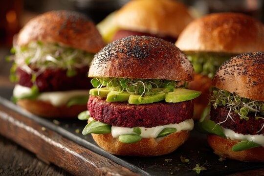 A close-up of tasty veggie beetroot burgers featuring fresh avocado slices, sprout topping, served on a wooden board, offering a delicious and healthy meal option.