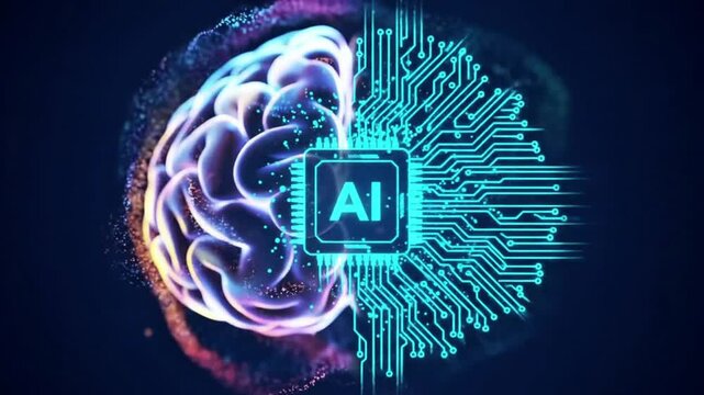 Artificial intelligence brain with ai chip and circuit board on a dark blue background design