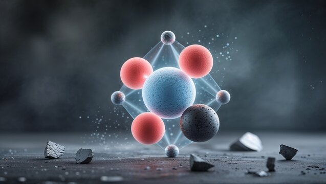 Calcium carbonate cluster: central sky-blue calcium ion surrounded by three coral-red oxygen spheres and one graphite-gray carbon sphere in trigonal planar carbonate ion