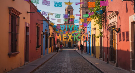 Obraz premium Colorful Mexican street with traditional architecture and papel picado banners. Vibrant colonial buildings with 