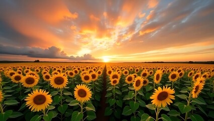 field of sunflowers, dramatic sunset sky, golden light