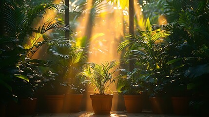 Sunlit interior garden with potted tropical plants bathed in warm sunlight and natural light.